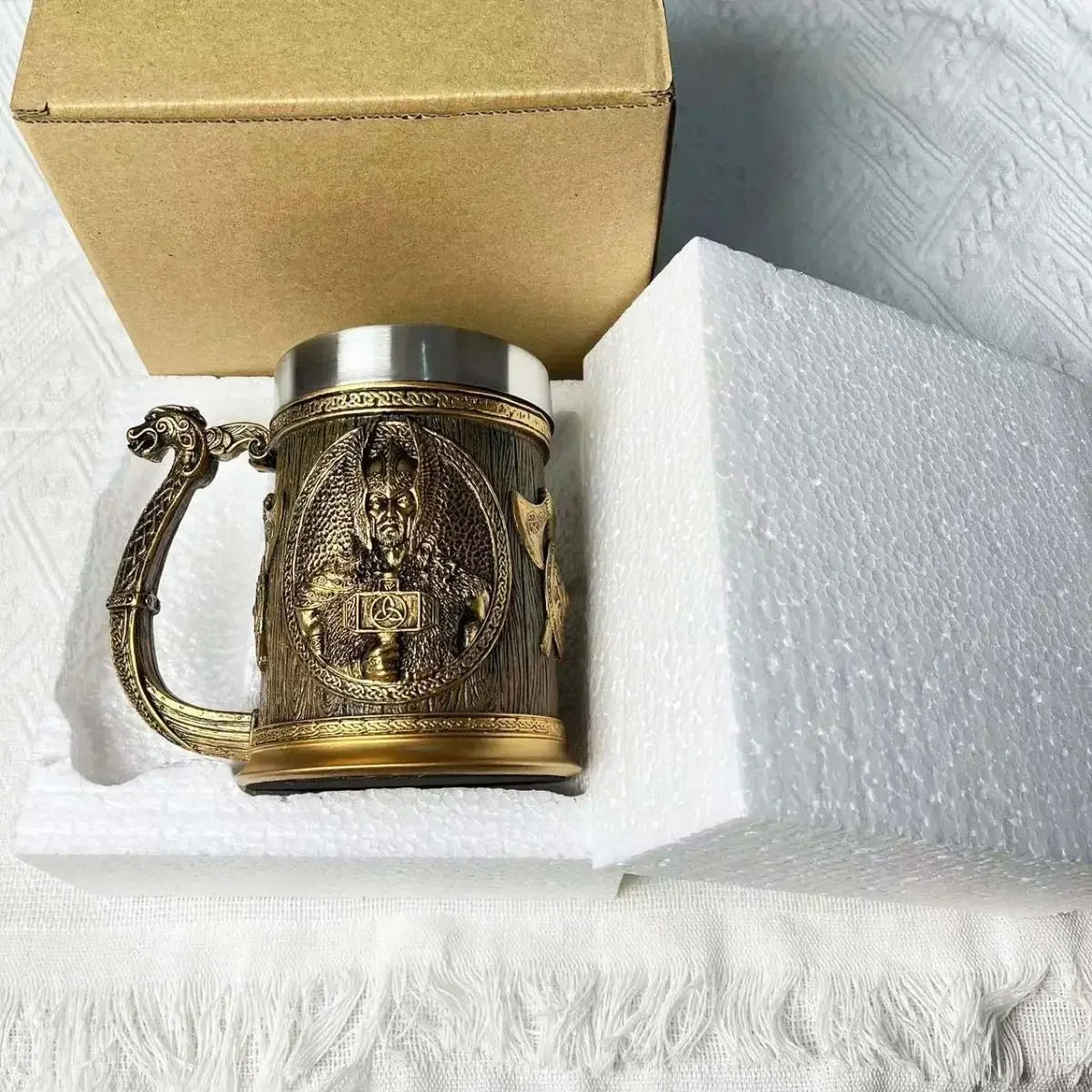 3D Viking Coffee Beer Mug Stainless Steel Warrior Stein Medieval Tree of Life Design