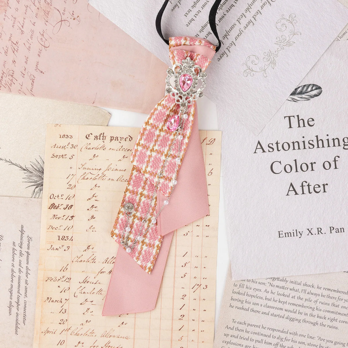 Dark Academia Jabot Plaid Short Necktie Rhinestone Brooch Pearl Chain