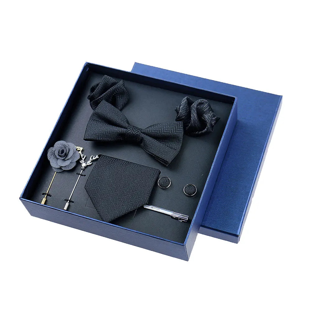 Men's 8pcs Tie Set Wedding Cravat Silk Bowtie Pocket Square Cufflinks Brooch Box Set Gifts For Men