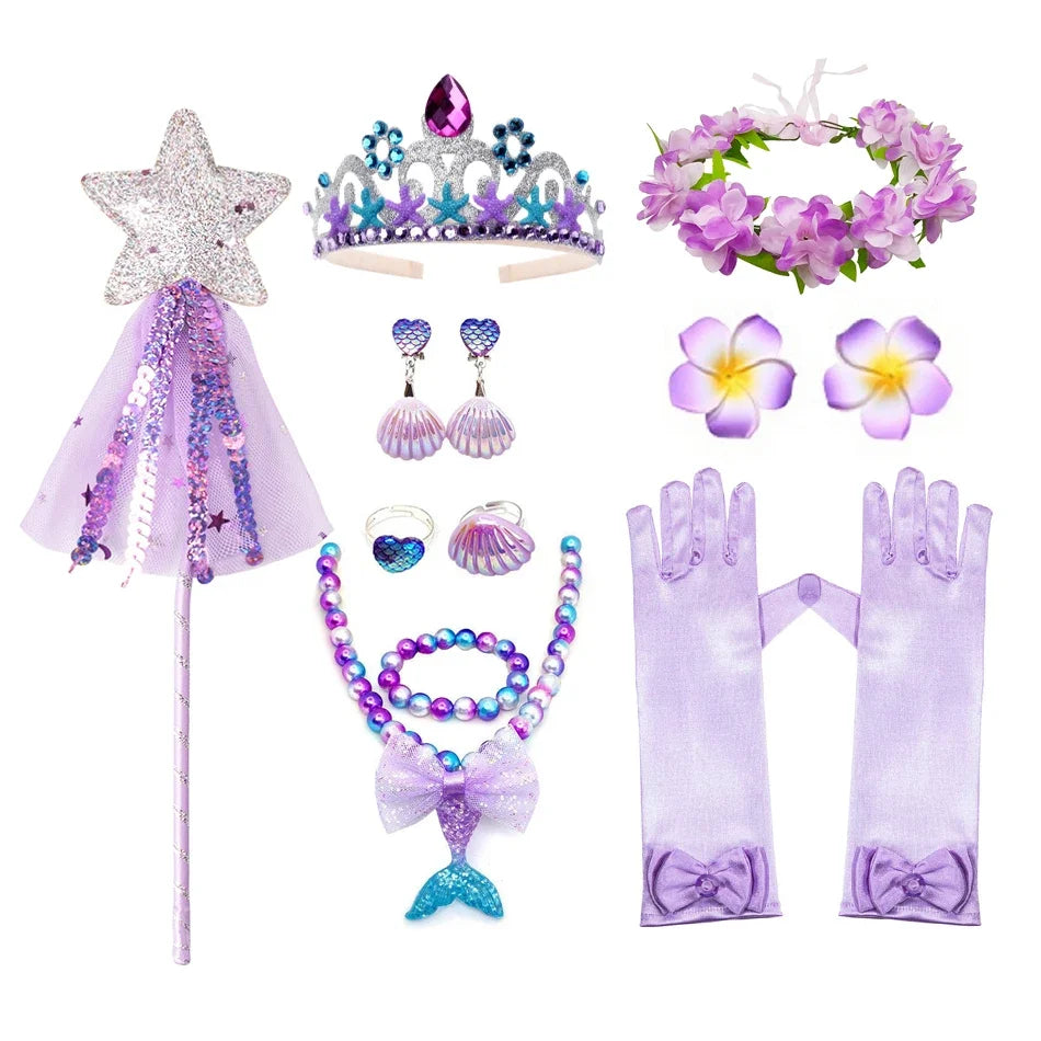Mermaid Accessories Gloves Wand Crown Jewellery Set Wig Necklace Braid Cosplay Halloween Birthday Party
