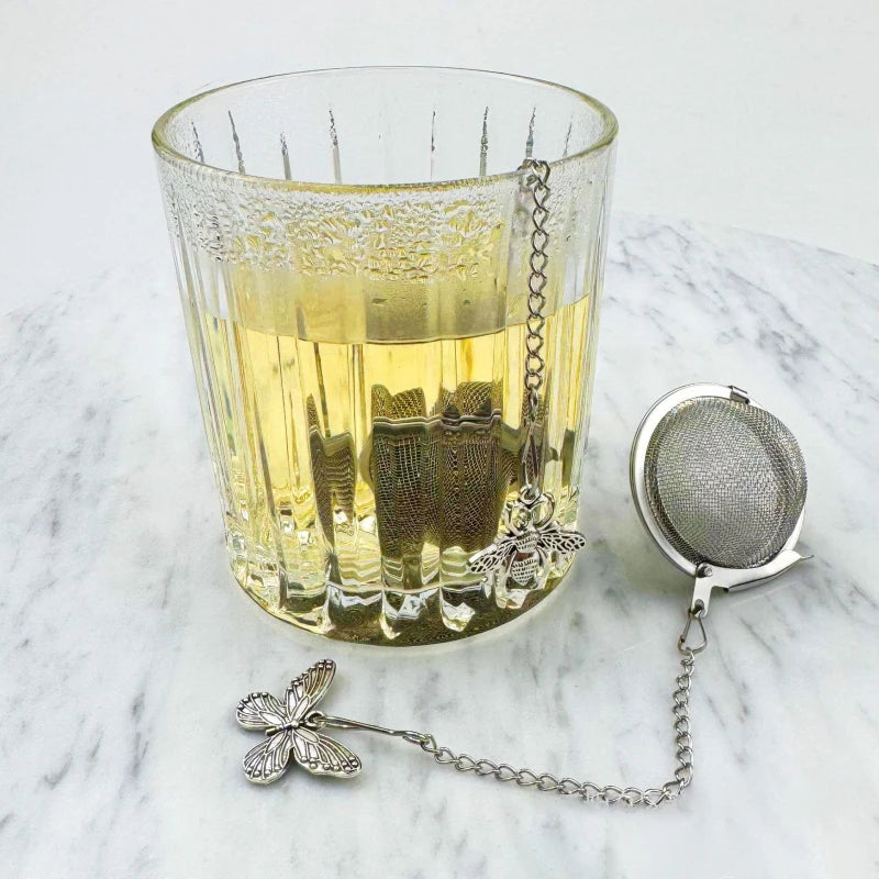 Set of Two Stainless Steel Tea Infusers Butterfly Bee Charm Chain Mesh Ball Tea Strainer