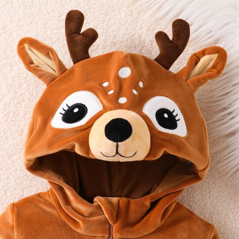 Baby Reindeer Costume Toddler Girls Boy Cute Plush Zipper Deer Hooded Romper for Christmas
