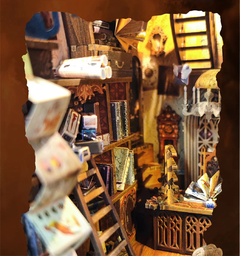 Magic Night Alley DIY Wooden Book Nook Shelf Insert Miniature Building Kits Bookshelf Decor with LED Lights