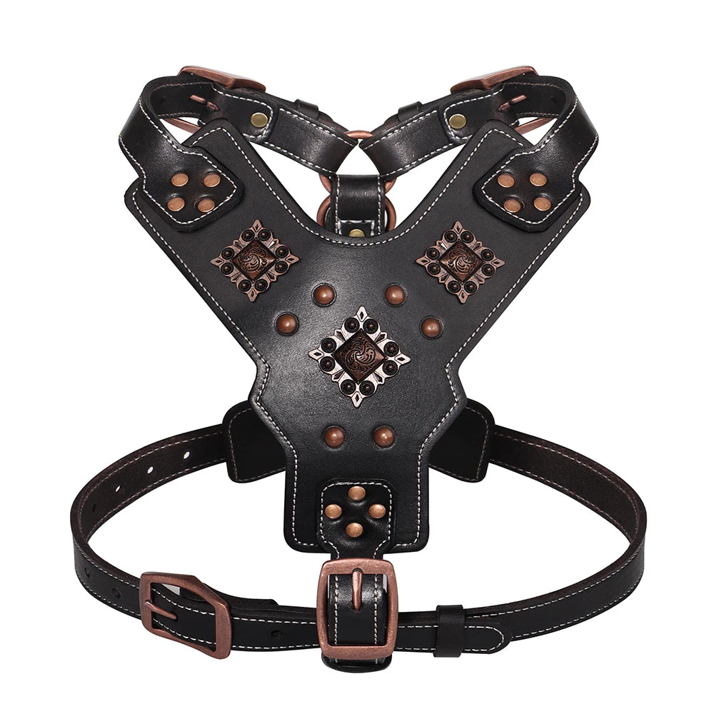 Genuine Leather Dog Harness Durable Large Dogs Riveted Pet Vest With Metal Accessories Medieval Cosplay