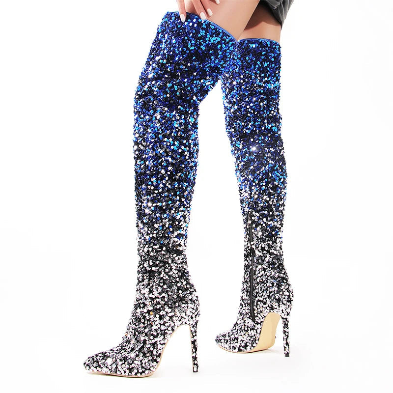 Galaxy Thigh High Boots Gradient Sequin Stretch Boots 11CM Heels