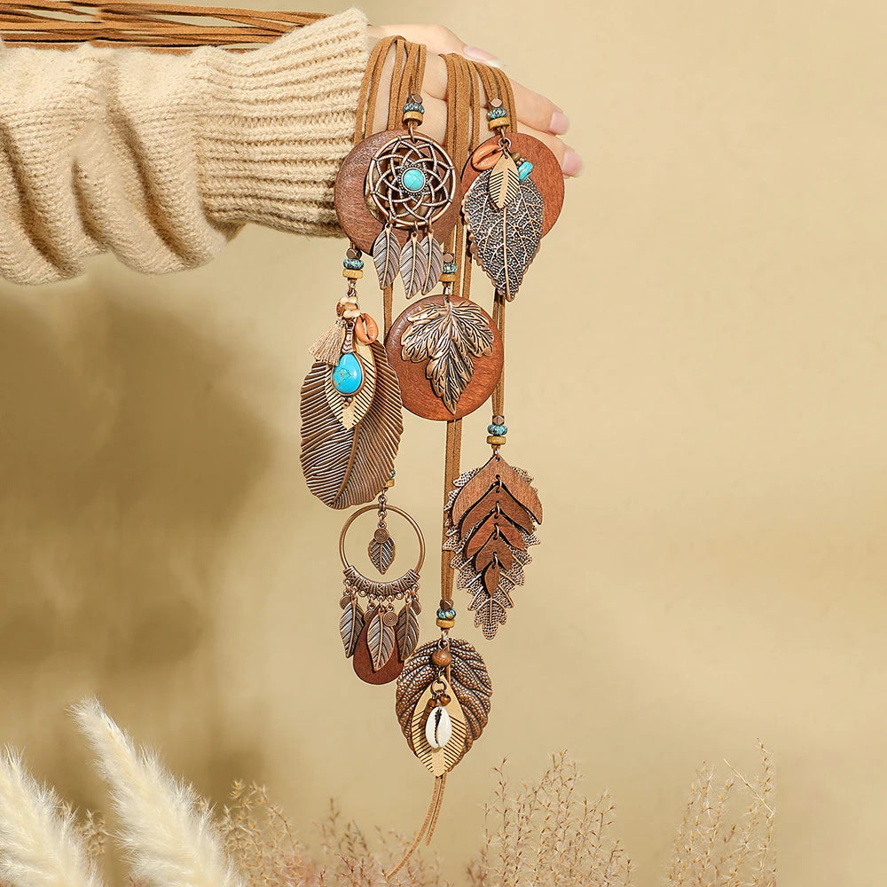 Forest Dweller Boho Leaf PU Leather Pendant Necklace Jewellery Sweater Chain