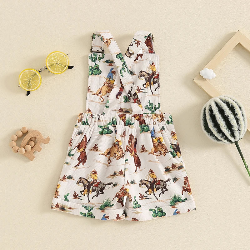 Cowboy Print Corduroy Overalls Baby Girl Summer Romper Toddler Clothes