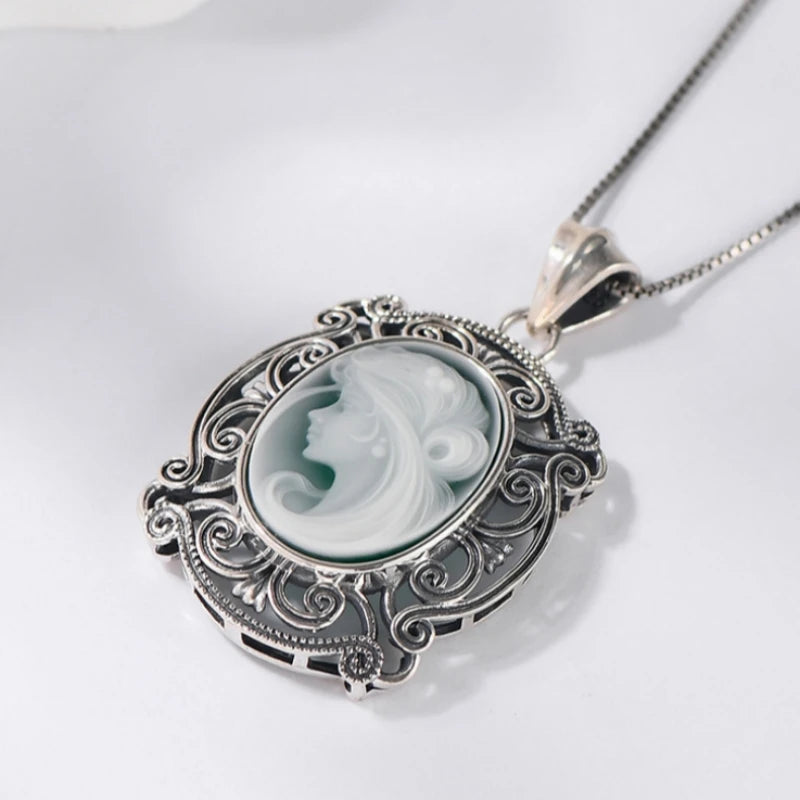 Kindred Spirit S925 Sterling Silver Pendants Blue Agate Portrait Jewelry