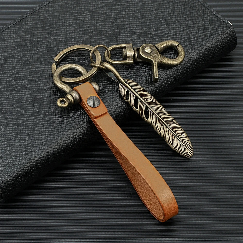 Handmade Leather Keychain Brass D-Shape Shackle Feather Charms Keyring