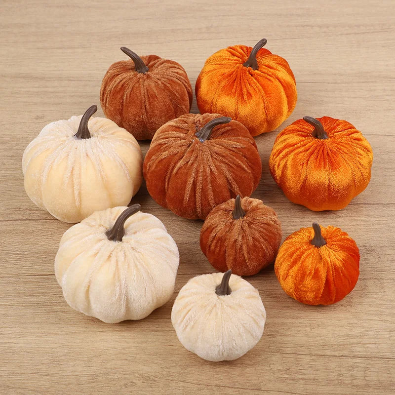 9pcs Velvet Artificial Pumpkins 3 Size Mixed Halloween Party Thanksgiving Home Table Decoration Autumn Fall Decor
