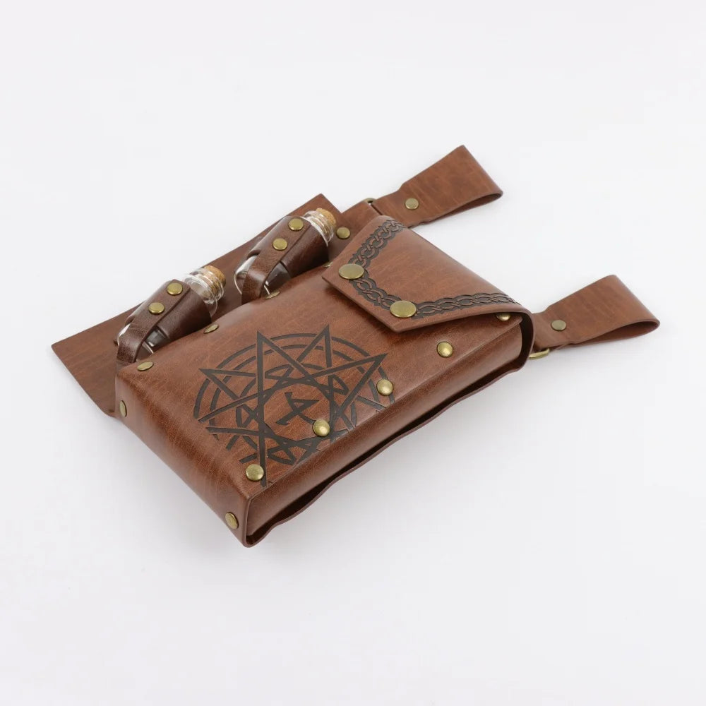 Pentagram Witch PU Leather Belt Pouch With Potion Bottles Medieval Alchemist Hip Bag Wizard Cosplay
