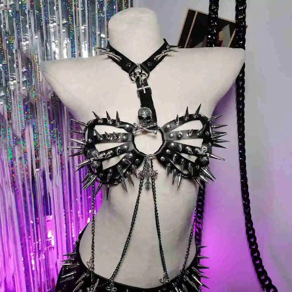 Spike Rivet Studded Goth Punk Rock Grunge Revival Skull Chest Harness
