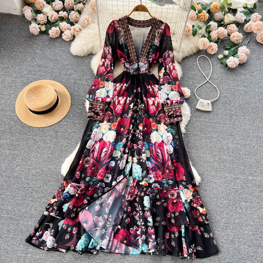 Mandy's Spring Boho Floral Chiffon Cascading Ruffles Dress