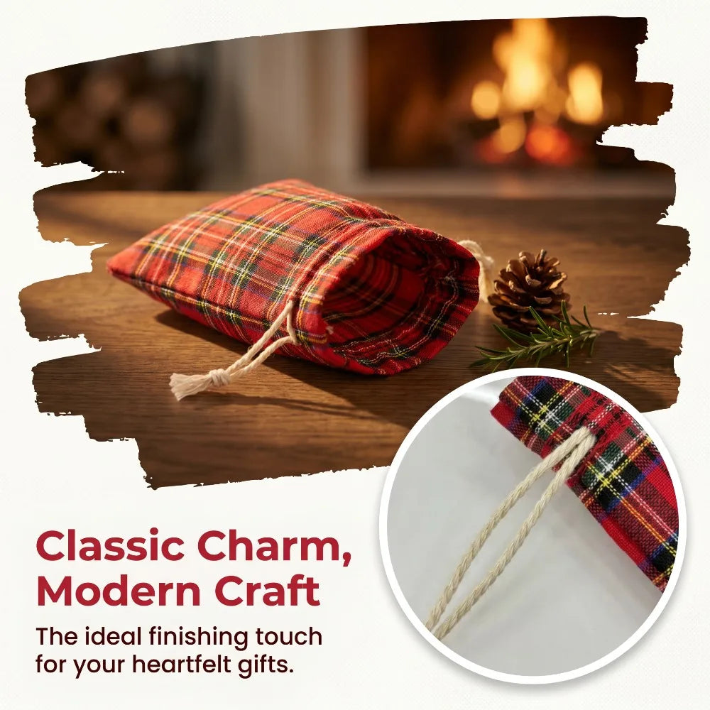 10PCS Linen Christmas Plaid Drawstring Bags Gift Pouches