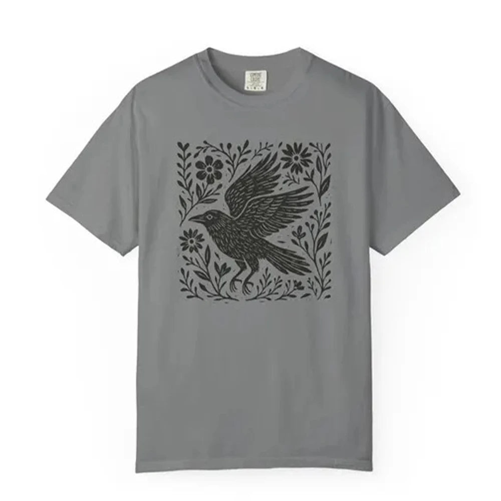 Folklore Crow Lino Print Cotton T-Shirt Folk Art Linocut