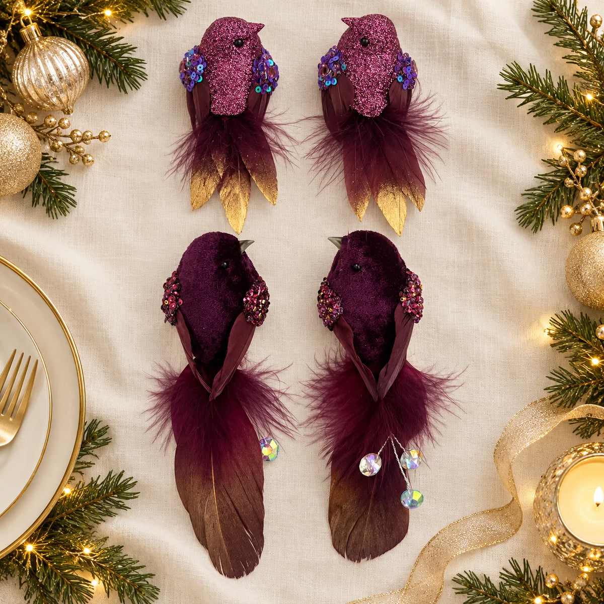 Purple Feather Birds 4PCS Christmas Clip On Tree Ornaments