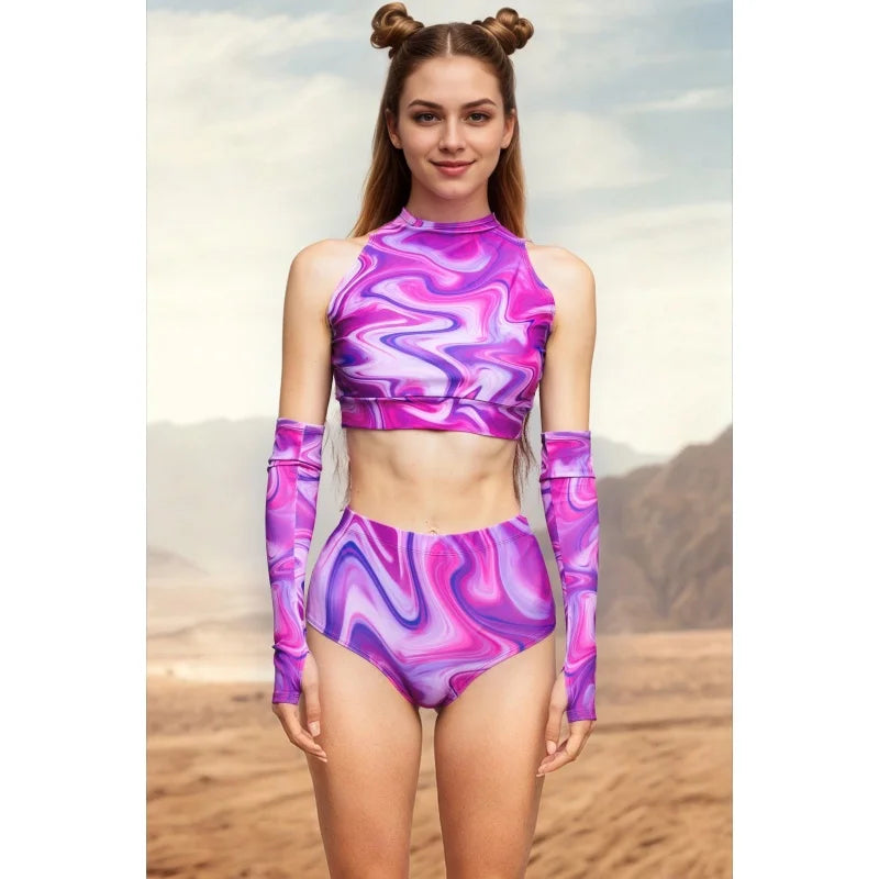 Roller Derby Performance Outfit Women High Neck Crop Set Rave Party Clubwear Printed Bodycon Set