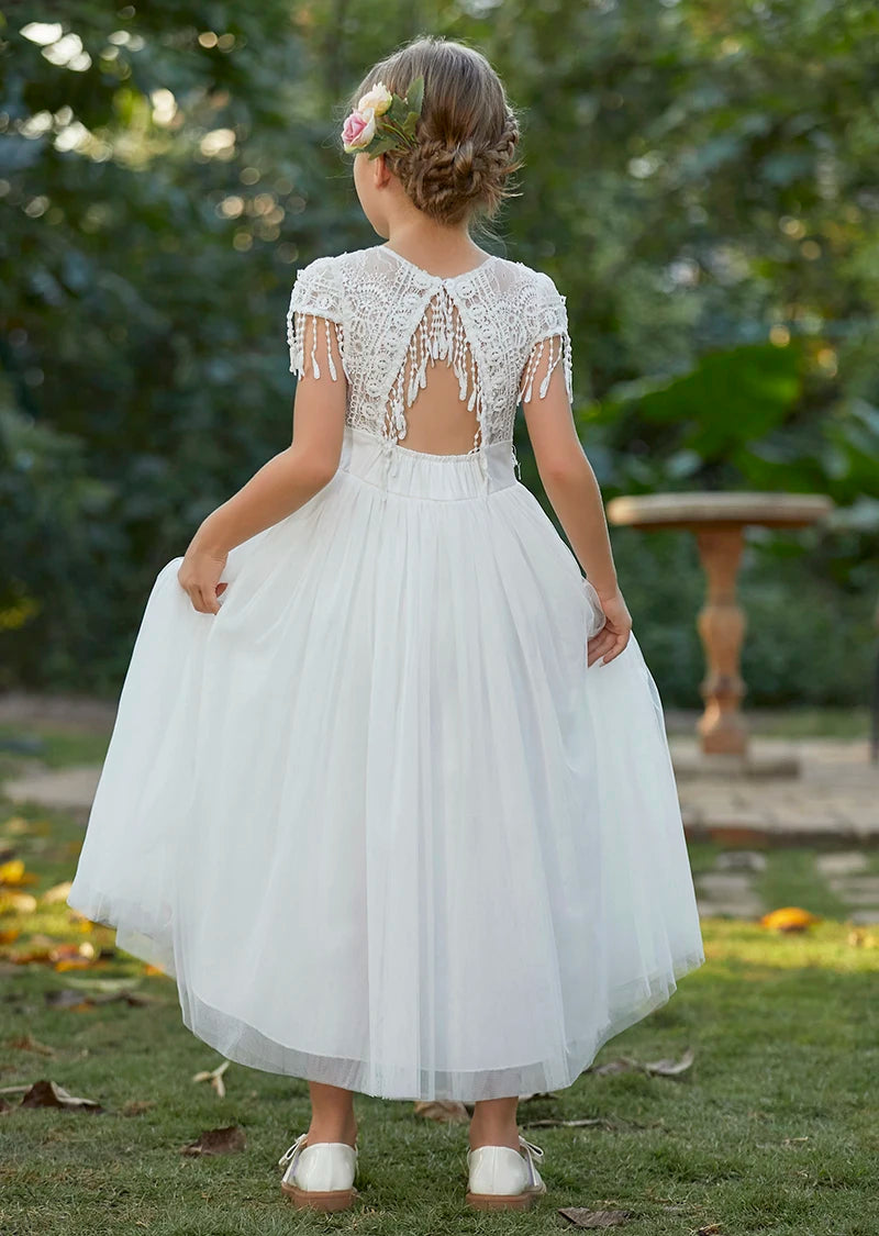 Girl's Beaded Lace Tassel White Tulle Special Occassion Dress
