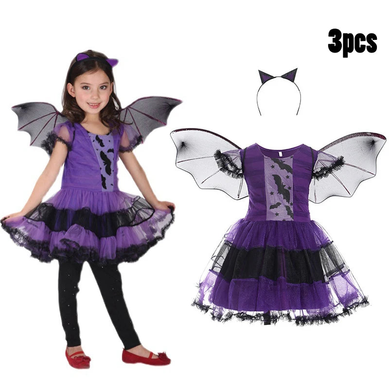 Girls Witch Outfit Halloween Party Costumes for Kids Dress Up With Bag Hat Wand