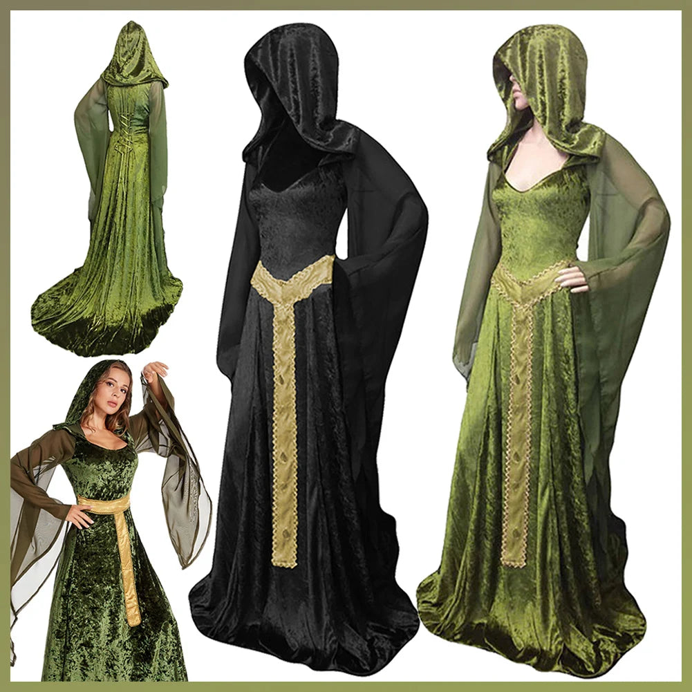 Mysterious Medieval Lady Cosplay Green Black Hooded Gown Renaissance Costume