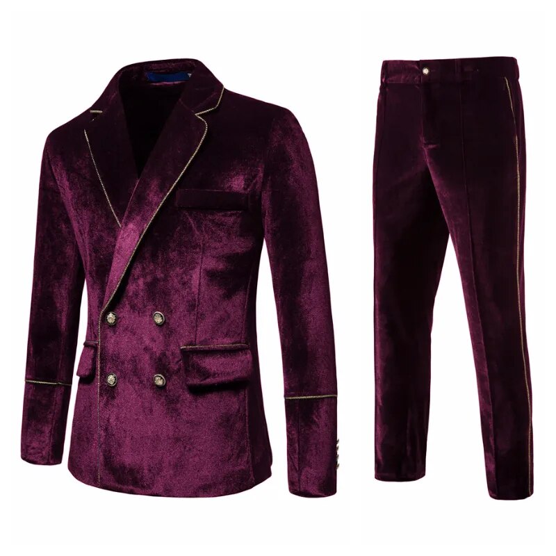 Plush Velvet Suit Two-piece Mens Party Suits Double Breasted Tuxedo Blazers & Pants