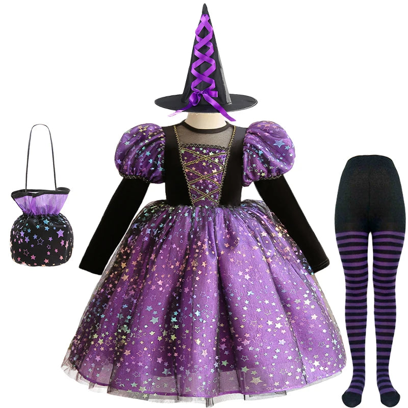 Purple Witch Girls Halloween Costume Star Tulle Party Dresses with Props