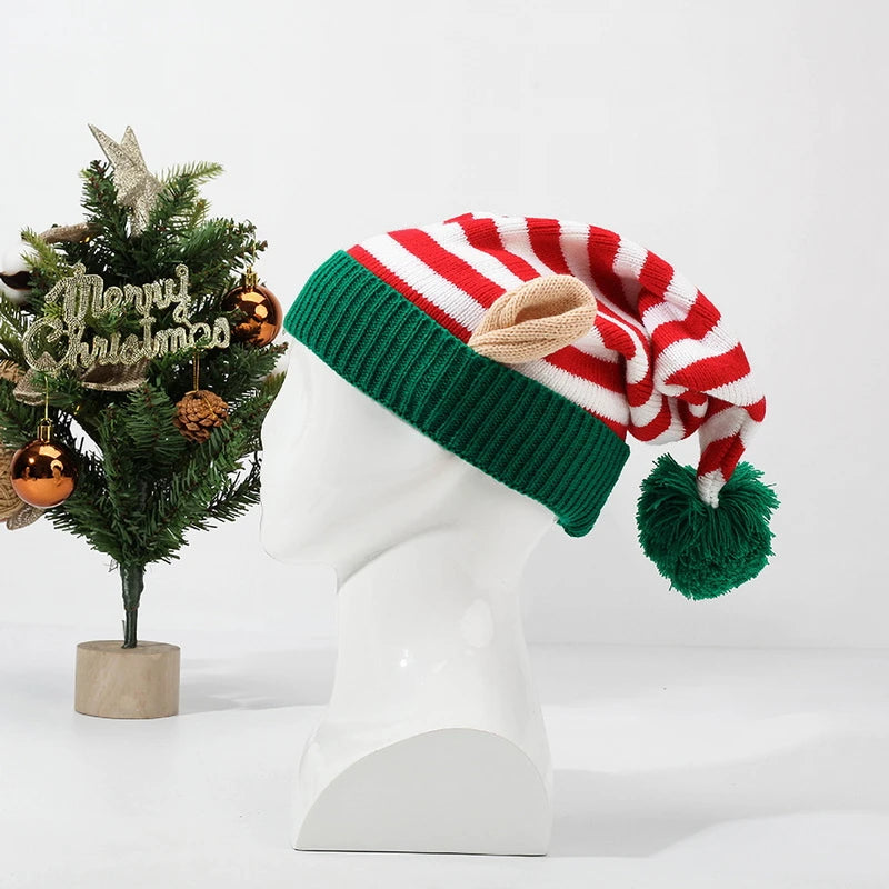 Christmas Elf Striped Beanies Hat Knitted Xmas Cap with Small Ears for Women Men