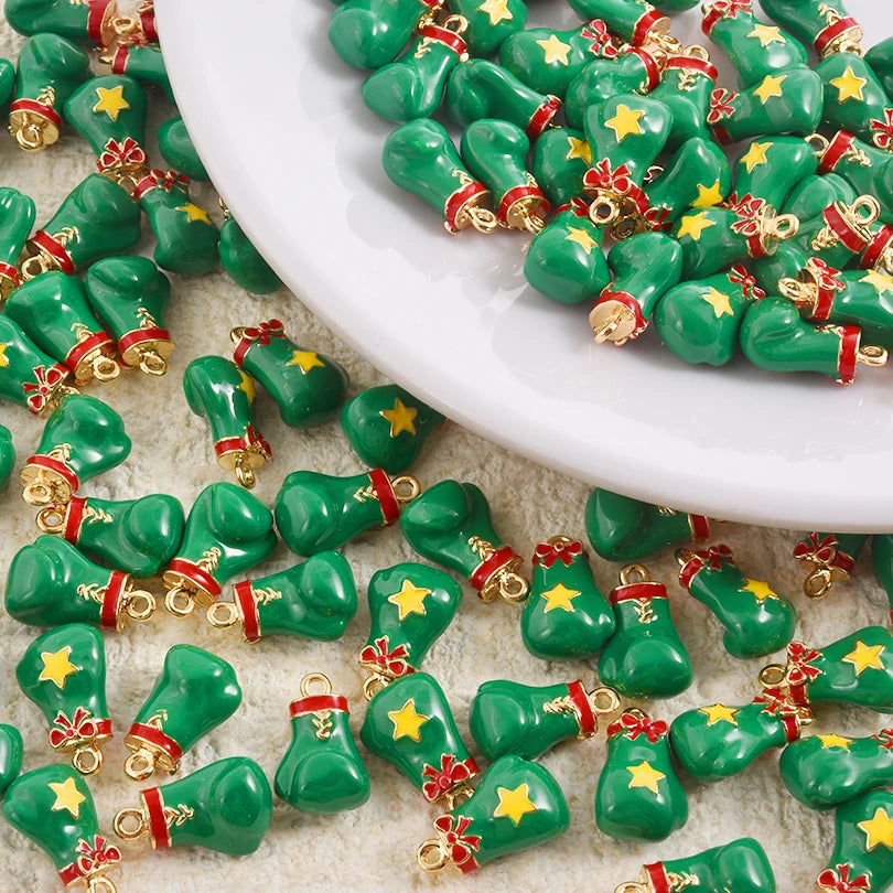5pcs Christmas Charm Enamel Apple Socks Bell DIY Pendant Charms For Jewelry Making Keychain Earrings Bulk Handmade Material Gift