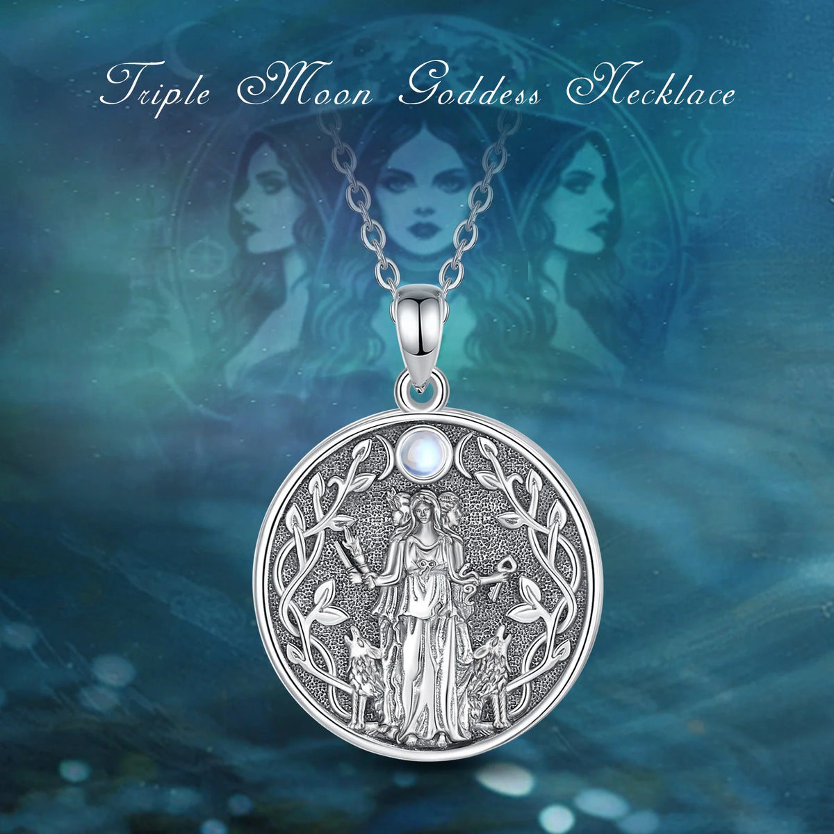 Moonstone Triple Moon Goddess Hecate Dog Amulet Pendant Necklace 925 Sterling Silver