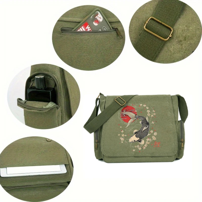 Japanese Koi Print Canvas Shoulder Bag Crossbody Messenger Bag