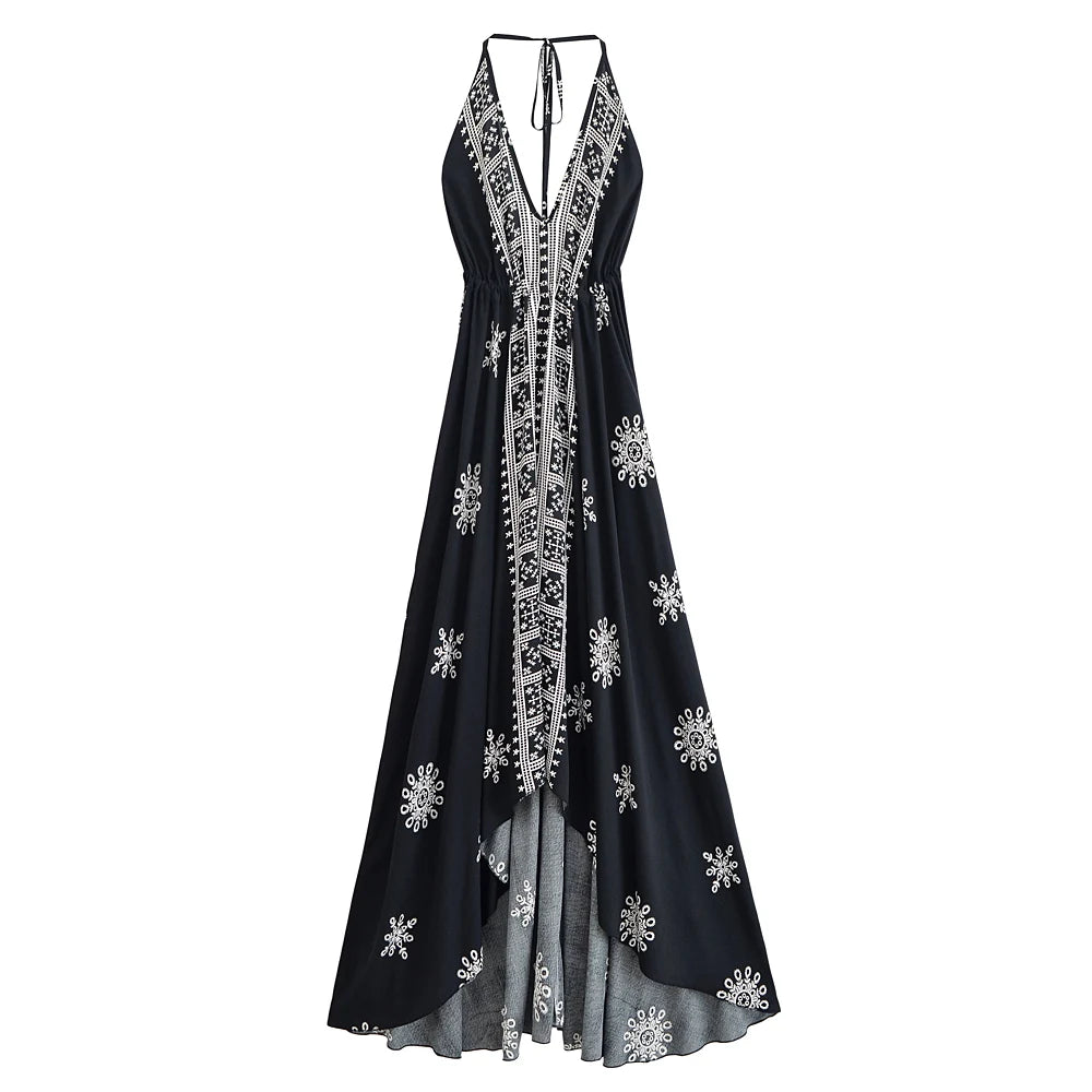 Nahlia's Wild Floral Backless Beach Boho Maxi Dress