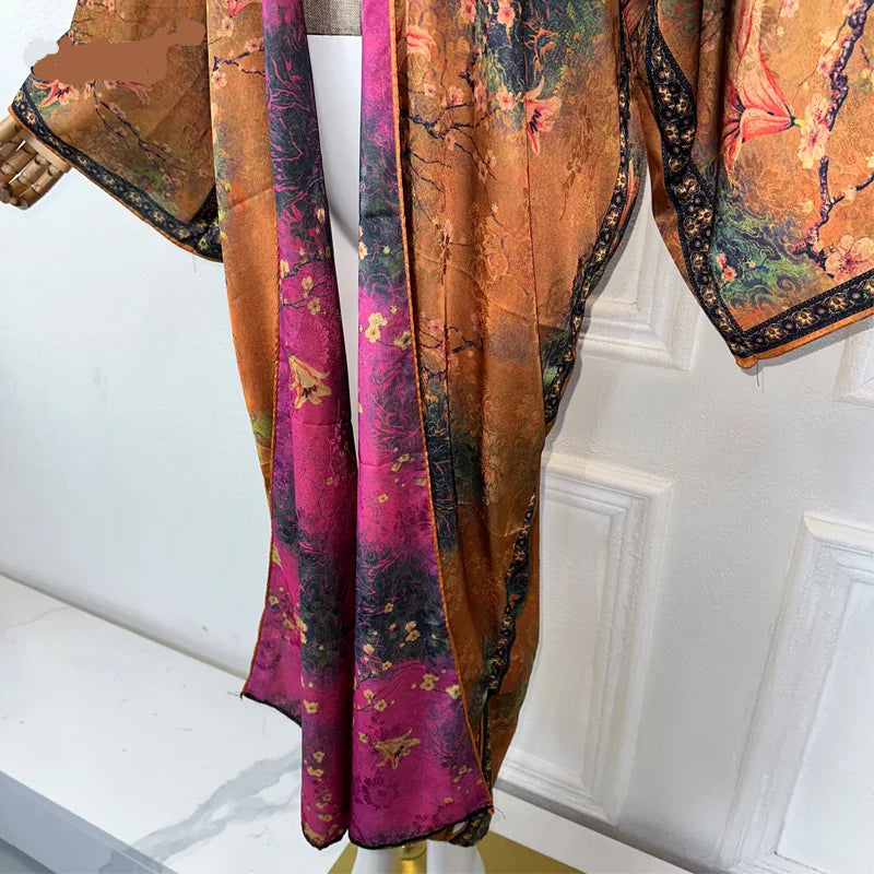 Angel's Double-sided Printed Silk Feel Duster Boho Cover Up Long Sleeve Kimono