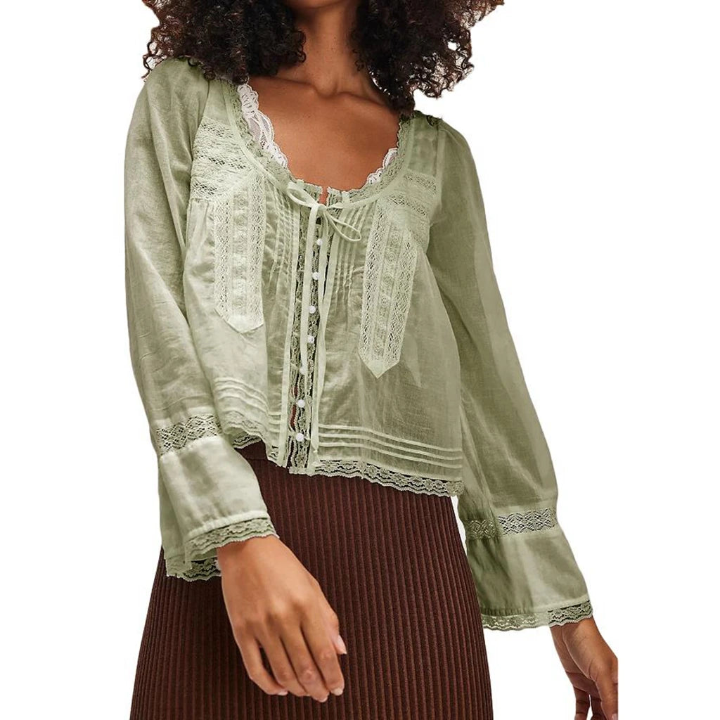 Y2K Boho Long Sleeve Lace Patchwork Button-down Tops 100% Cotton