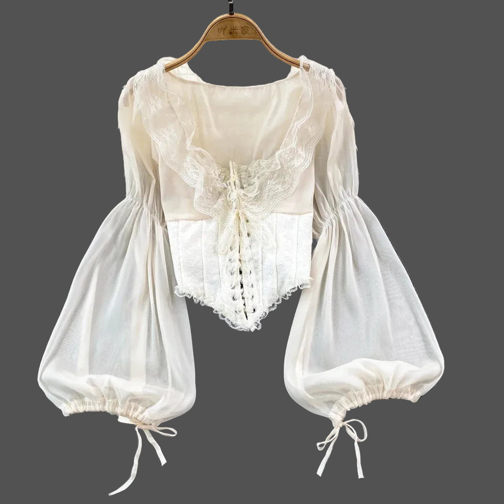 French Court Blouse Chiffon Lace Lace-up Top