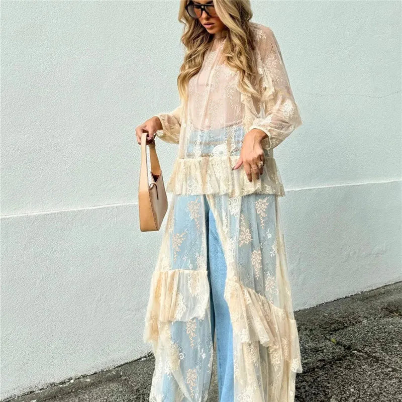 Eve's Long Sleeve Lace Duster See Through Mesh Short Front Long Back Asymmetrical Cover Ups