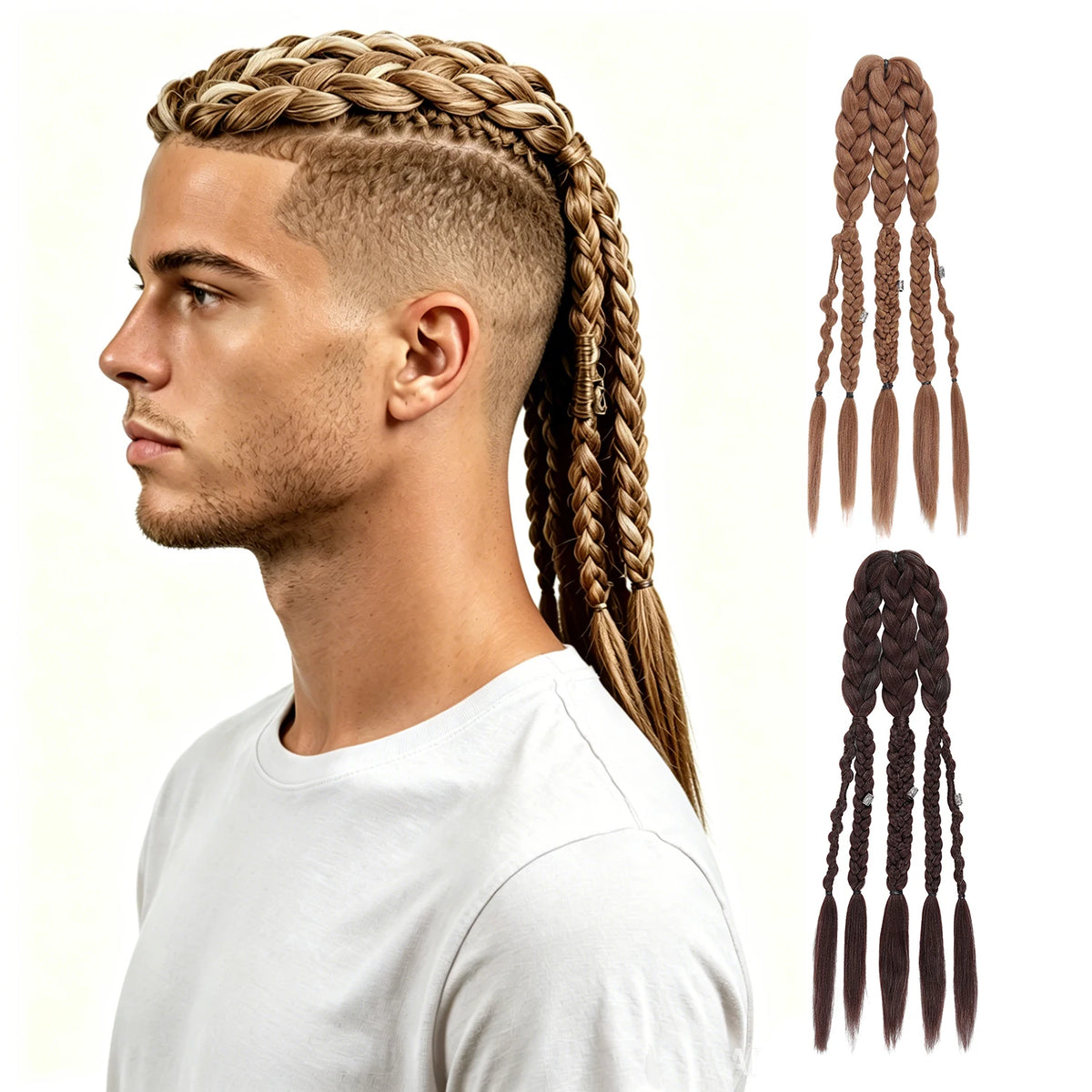 Viking Mohawk Cornrow Braided Mullet Wig Synthetic Thick 5 Braids with Metal Rings for Cosplay