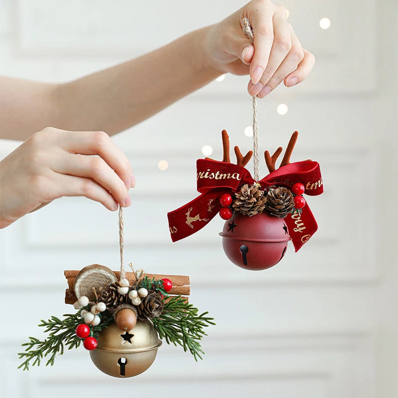 Christmas Bell Antlers Bow Pinecone Bell Christmas Hanging Decoration