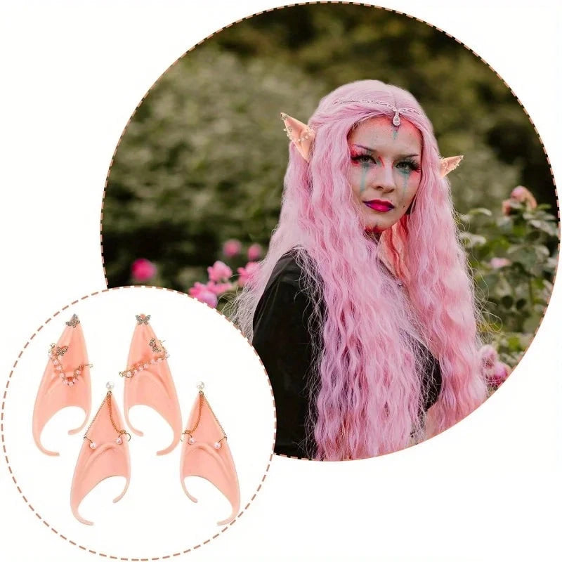 Two Pairs of Elf Ears with Pierced Earrings Cosplay Soft Latex Ear Cuffs