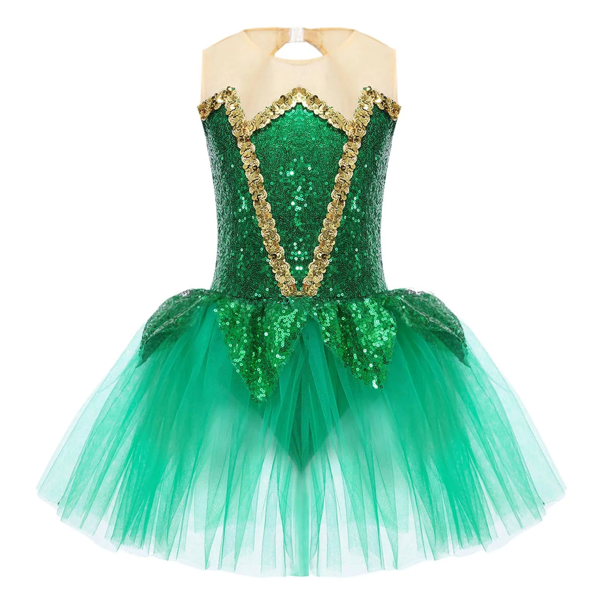 Royal Elf Green Sequins Girls Ballet Dance Dress Tutu Gymnastics Leotard Figure Skating Dance Performance Costume