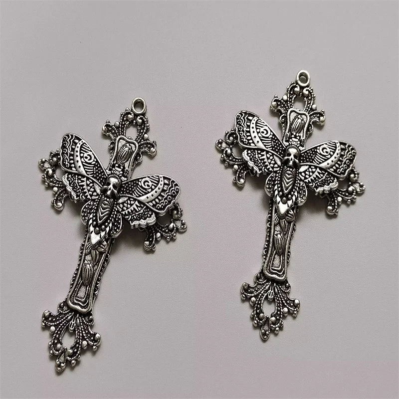2pcs Filigree Victorian Gothic Large Cross Pendants Bat Moth DIY Jewellery Making