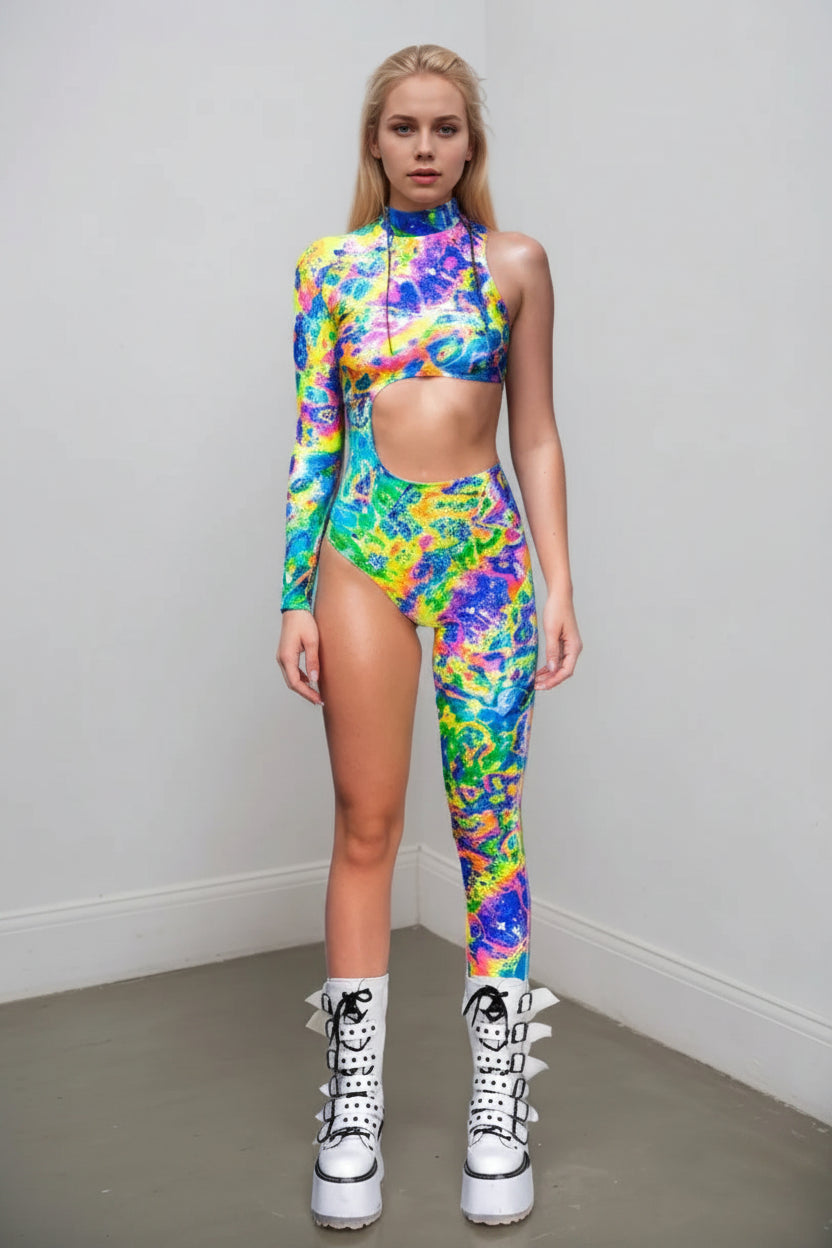 Asymmetrical Women Cyberpunk Bodysuit Costume Colourful Jumpsuit Cosplay Halloween Party Performance Suit