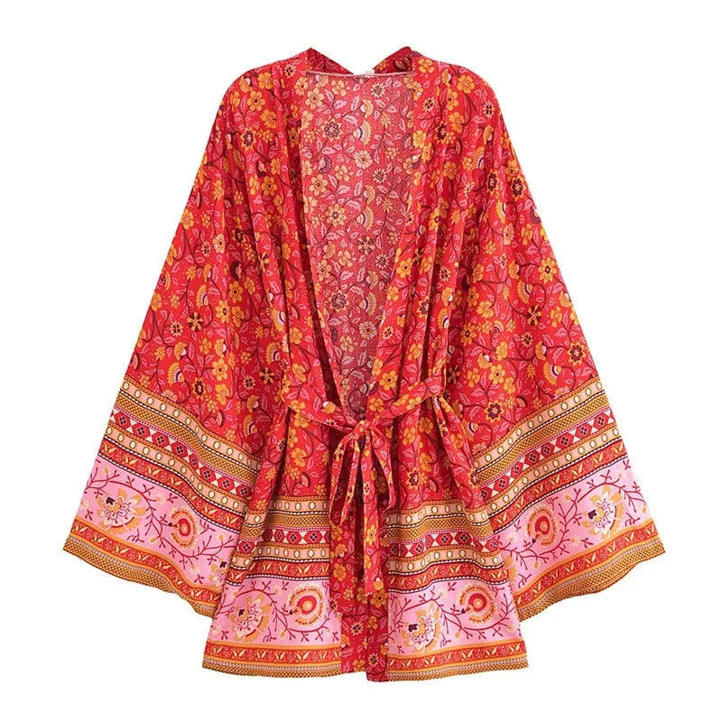 Red Flower Boho Cover Up Kimono
