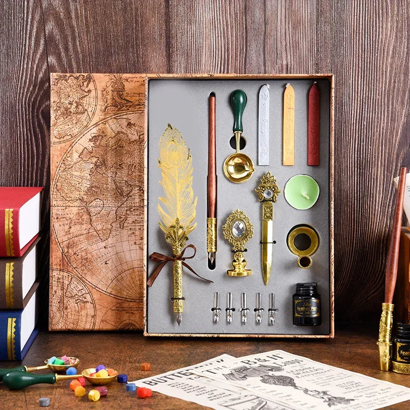 Golden Feather Quill Pens Set Dip Fountain Pens Ink Stationery Writing Gift Box Sets