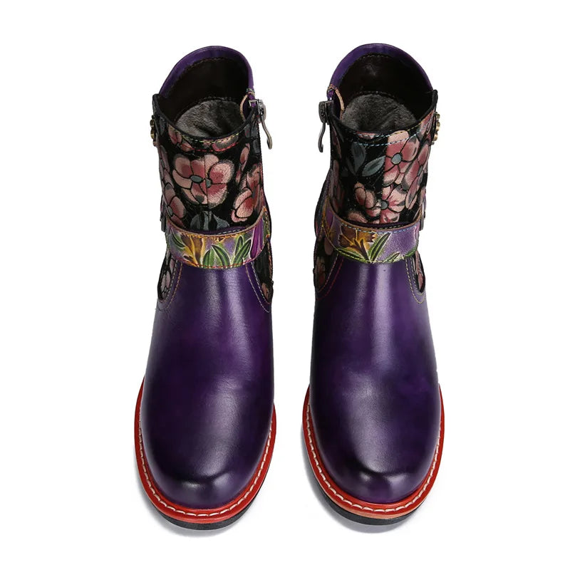 Violet's Floral Boots Genuine Leather Hand-painted Short Boots