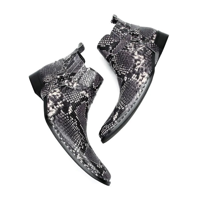 Angus' Pointed Iron Toe Snake Pattern Genuine Leather Ankle Boots