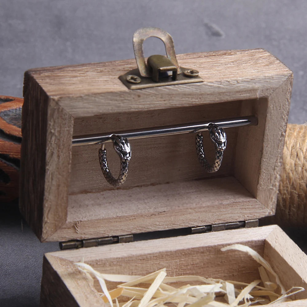 Viking Dragon Head Huggie Stainless Steel Men Hoop Earrings with Wooden Box
