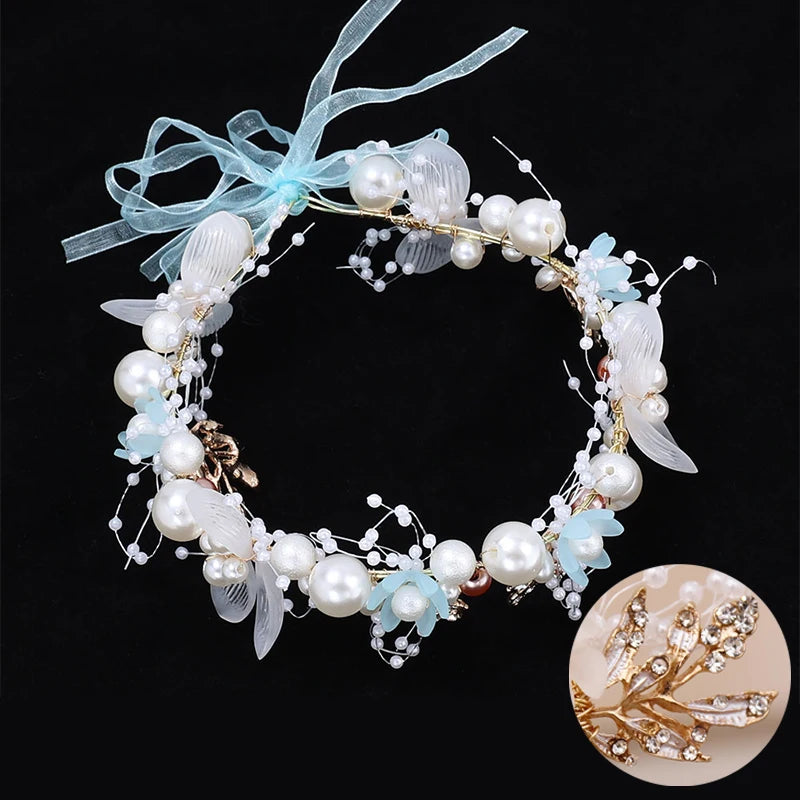 Girls Pearl Flower Wreath Floral Garland Head Hoop