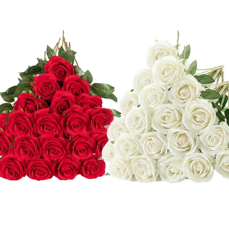 50 Pcs Velvet Roses Artificial Flowers Real Touch Fake Roses Valentine's DIY Wedding Bouquet Home Decor