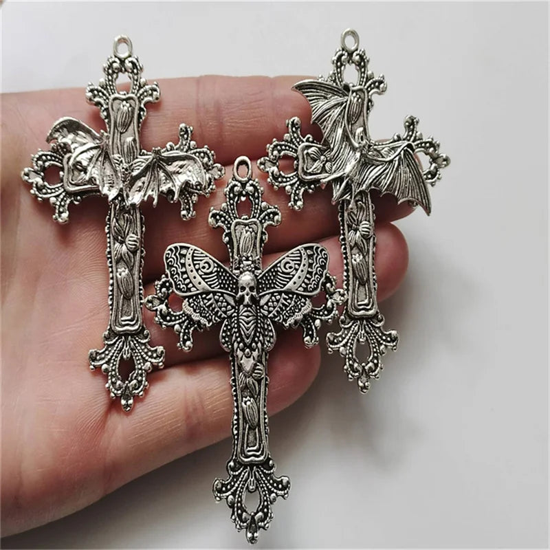 2pcs Filigree Victorian Gothic Large Cross Pendants Bat Moth DIY Jewellery Making