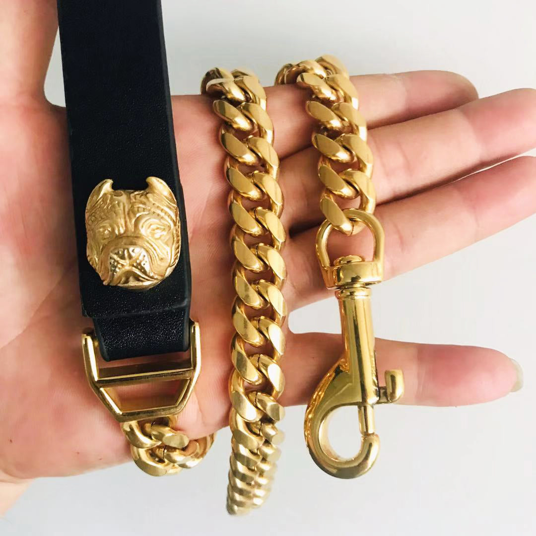 French Bulldog Dog Leash 14mm Cuban Chain Genuine Leather Stainless Steel Pet Accessories